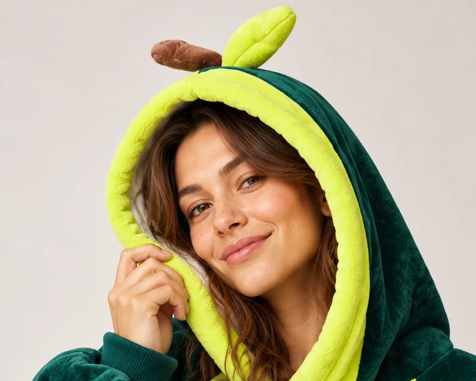 Close-up of a smiling woman with her Avocado Moffli hood up