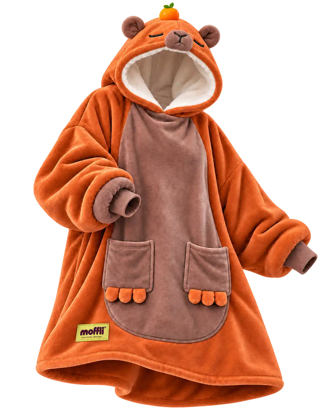 Orange Capybara Moffli with ears and a tangerine on the hood