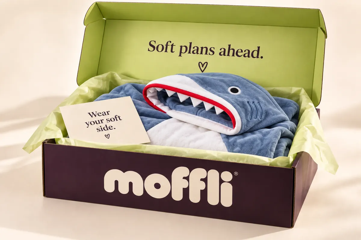 Open Moffli box with pistachio interior, the words Soft plans ahead. and a folded Shark blanket with a Wear your soft side note.