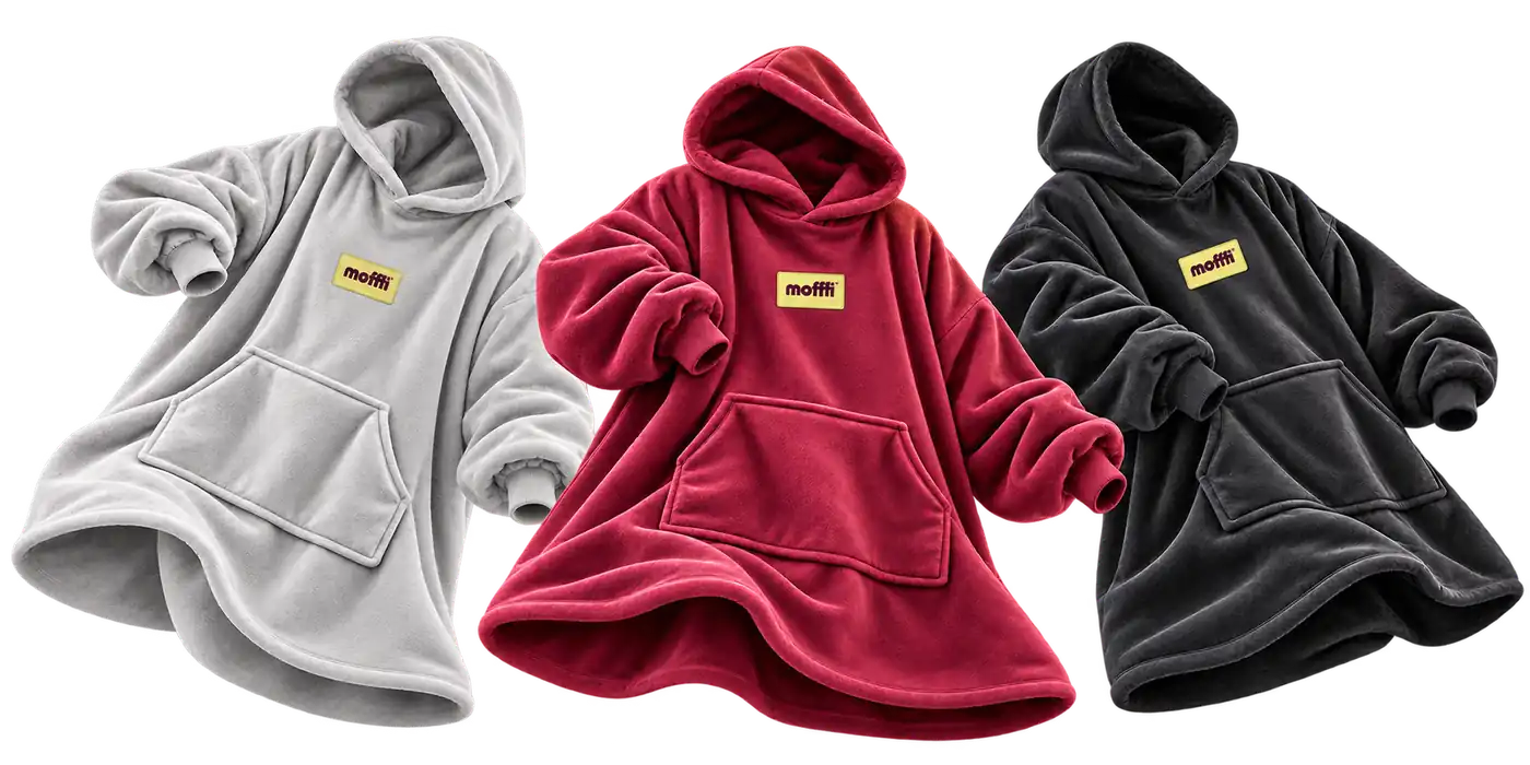 Three Solid Color Mofflis with moffli labels: light gray, burgundy and black