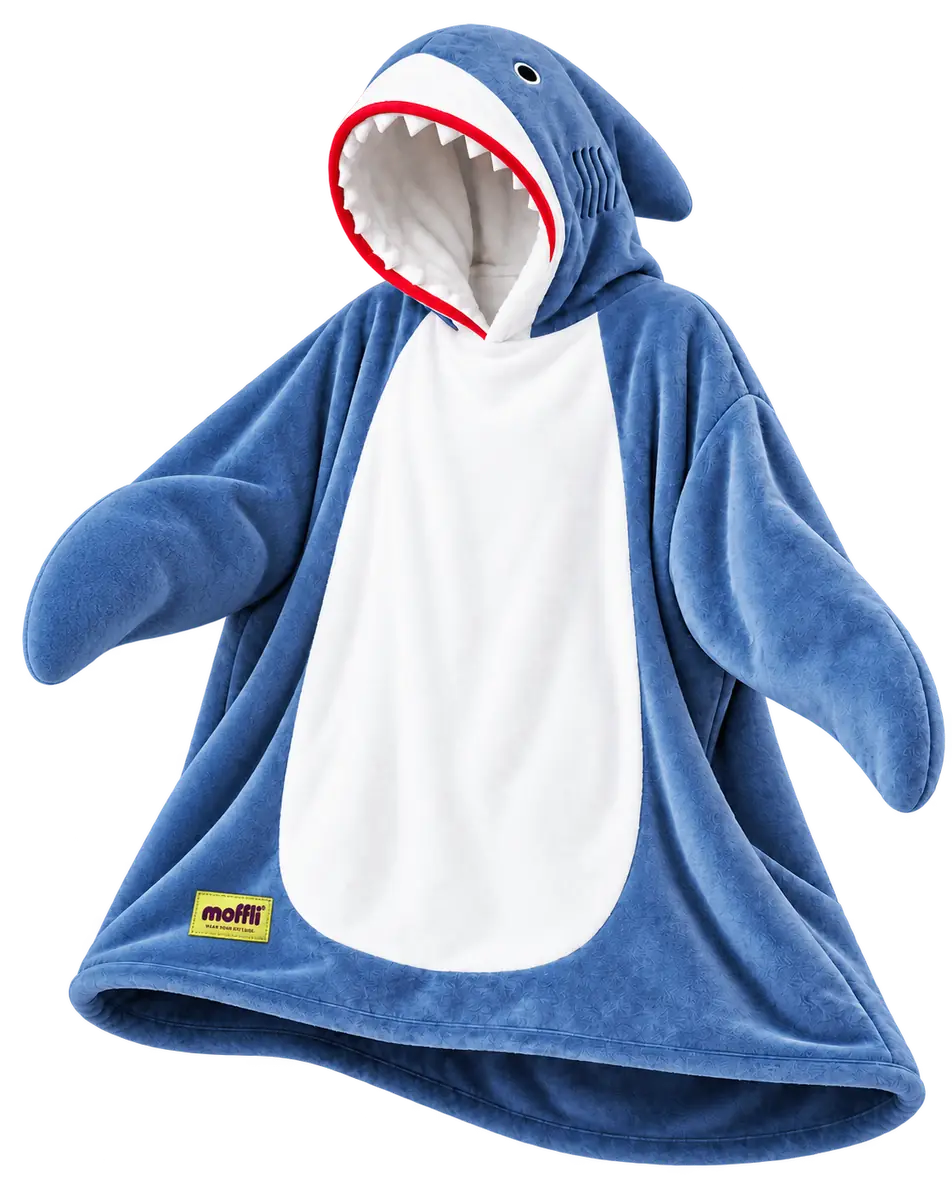 Blue Shark Moffli with a red mouth and white teeth on the hood