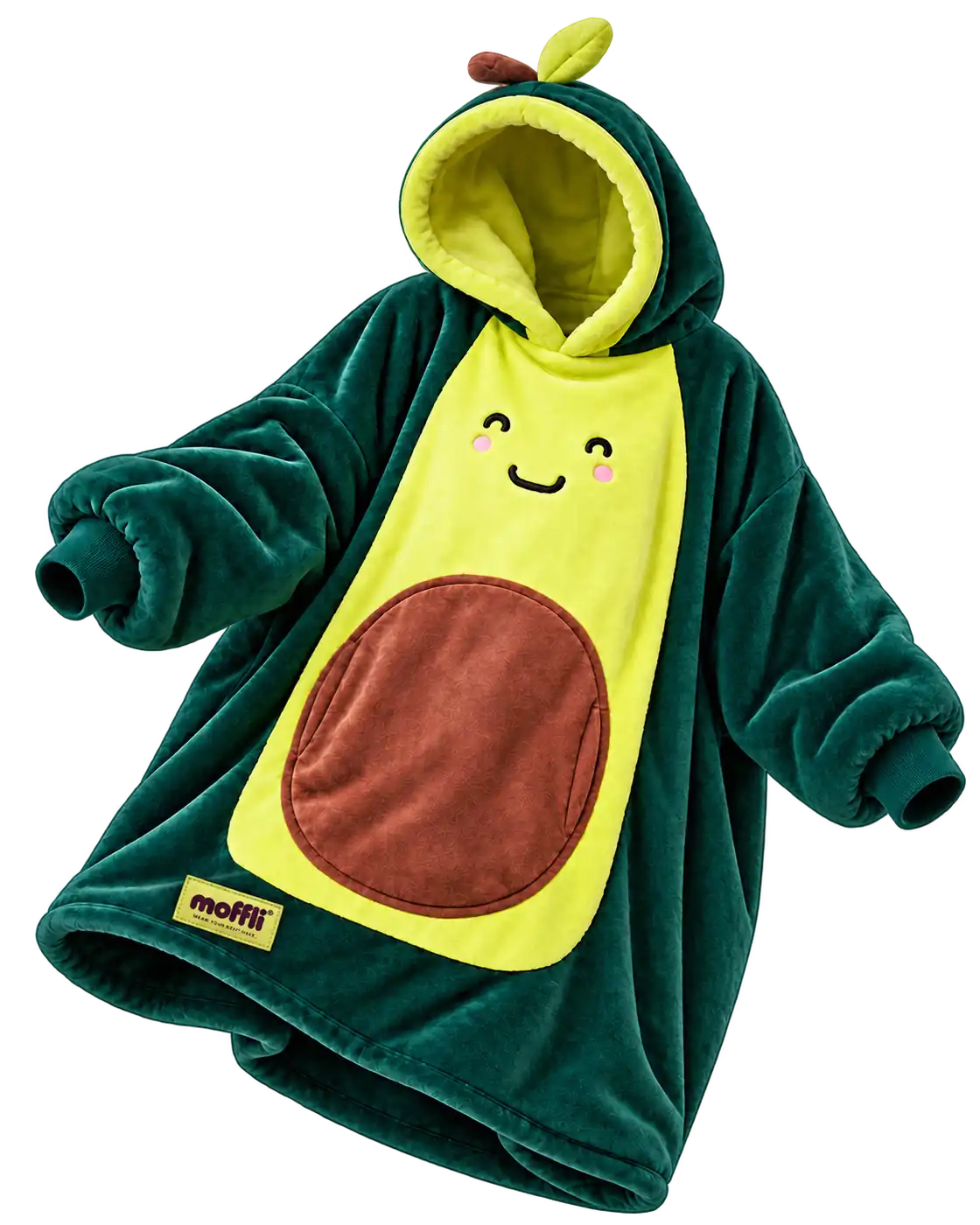 Green Avocado Moffli with a smiling face and brown pocket